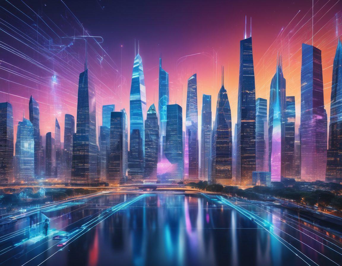 A futuristic city skyline symbolizing digital innovations, with holographic interfaces displaying insurance metrics, people using smart devices for risk assessments, and abstract visualizations of cybersecurity elements in the air. The scene transitions from traditional paper-based claims to a high-tech digital landscape. A bright, optimistic atmosphere enhances the theme of transformation and progress. super-realistic. vibrant colors. 3D.
