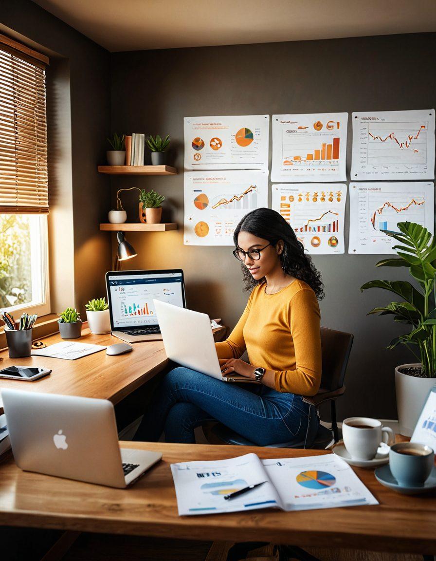 A confident consumer using a laptop in a cozy home setting, surrounded by floating icons representing various online insurance services and benefits, like policy documents, shield symbols, and graphs showing savings. The atmosphere is warm and inviting, symbolizing empowerment and security, with a soft glow illuminating the scene. super-realistic. vibrant colors. cozy ambiance.