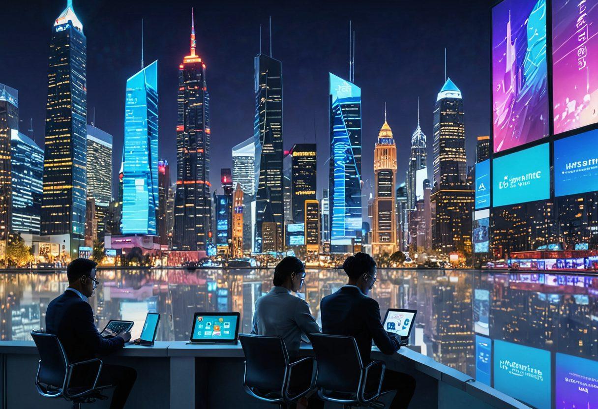 A futuristic city skyline with digital screens displaying insurance information, a diverse group of people using smartphones and tablets to file claims, robotic assistants helping users, all under a bright sky filled with technological icons representing digital solutions. cyberpunk. vibrant colors. super-realistic.